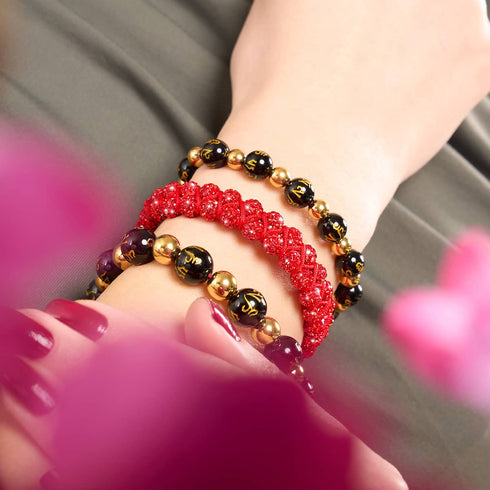 Amulette tibétaine | Bracelet Mantra Mini Obsidienne